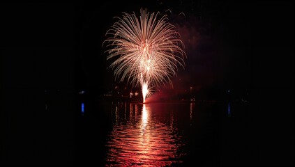 Isolated firework with reflection on water against a black backdrop, seasonal celebration