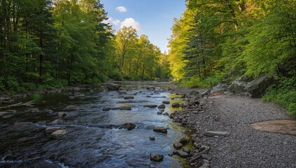 Flowing stream through woodland landscape with rocks