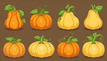 Illustration of squash, gourd, and pumpkin, vibrant autumnal colors and green leaves, seasonal harvest theme
