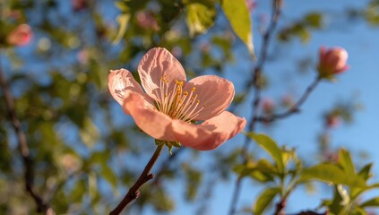 Close-up of peach blossom in full bloom against a natural background, seasonal change