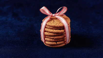 Stack of heart-shaped ginger cookies adorned with a white-red ribbon on a deep blue backdrop, ideal for Valentine's Day, text layout background