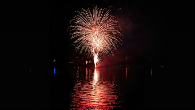 Isolated firework with reflection on water against a black backdrop, seasonal celebration