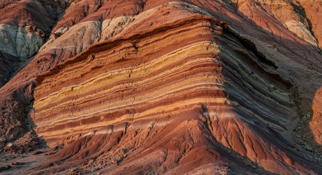 Striking close up of arid bentonite clay formations showing intricate layers and vibrant mineral coloration created by erosion ,gradient, cracked, intricate