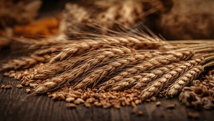 Rye grains and ears arranged on a table, close-up view for food design, showcasing autumnal colors and agricultural themes