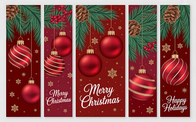 Christmas holiday vertical banners with festive ornaments design