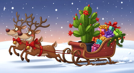 Whimsical Christmas Cactus in Sleigh with Reindeer and Gifts Illustration