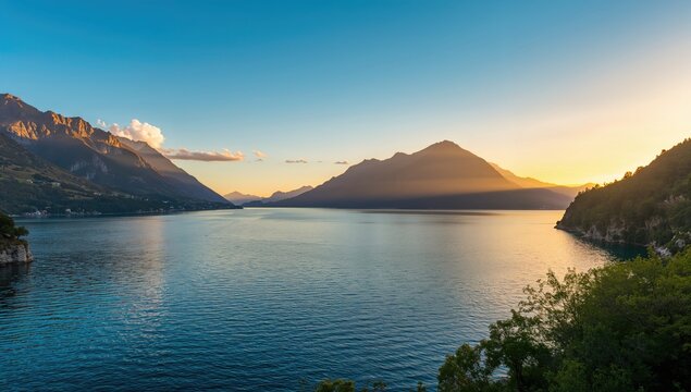 The mountains surrounding a tranquil lake, showcasing summer's warmth and reflecting sunlight, seasonal change