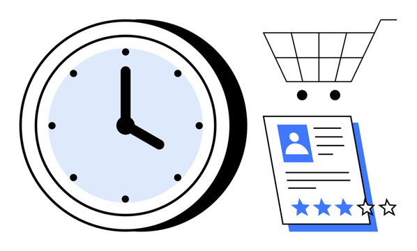 Clock denoting time alongside a shopping cart and customer review sheet with star ratings highlighting priority setting, decision-making, e-commerce strategies, and consumer feedback. Ideal