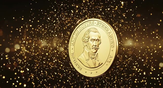 Stunning gold medal coin spinning with sparkling particles in dynamic celebration animation background