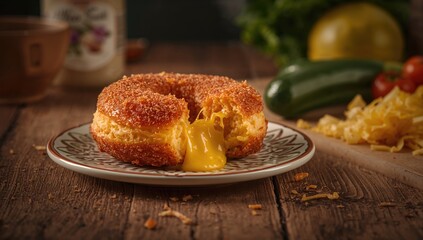 Cheese doughnut delicacy, showcasing organic ingredients and gourmet preparation, fiber-dense choice