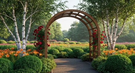 Pathway through a garden arch, leading to colorful flowerbeds and trees