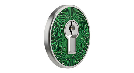 A futuristic digital security keyhole. A silver keyhole on a green circuit board, symbolizing protection and digital security
