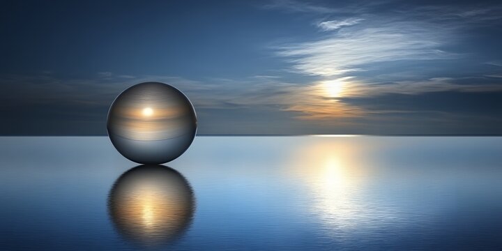 Polished sphere on calm water reflecting sunset sky with clouds Ball Reflective