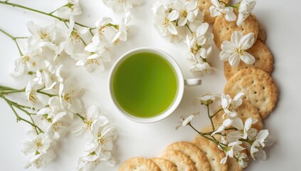 Tea cup filled with green tea accompanied by aromatic Jasmine flowers and biscuits, suitable for a calming tea break