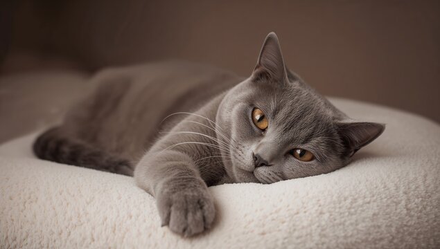 Portrait of a calm gray domestic cat, resting on a pillow, embodying tranquility