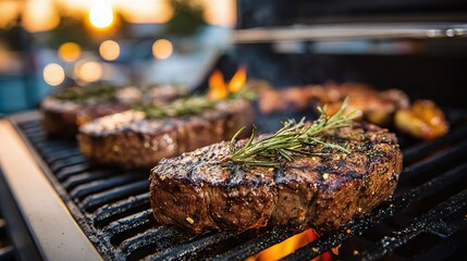 Sizzling steaks on the grill, garnished with fresh rosemary. A feast for the senses! The perfect backyard barbecue experience. Grill marks add flavor.