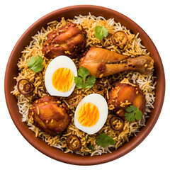 Flavorful chicken biryani served in a bowl with boiled egg and garnish