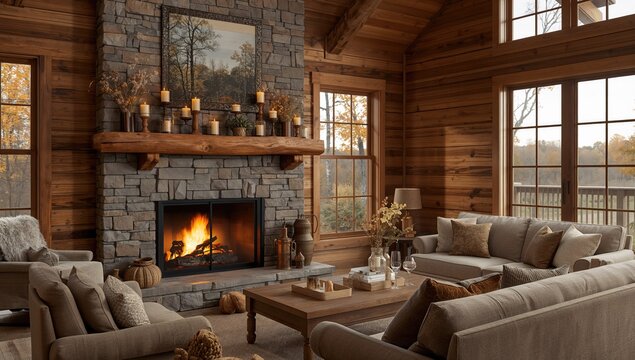 Rustic country living room interior featuring a wooden wall and stone mantle with candles and flowers, ideal for editorial header background