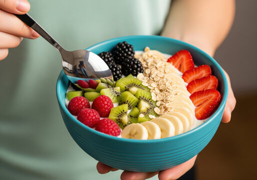 Woman holding a healthy smoothie bowl with fresh fruit, berries and oats for breakfast.