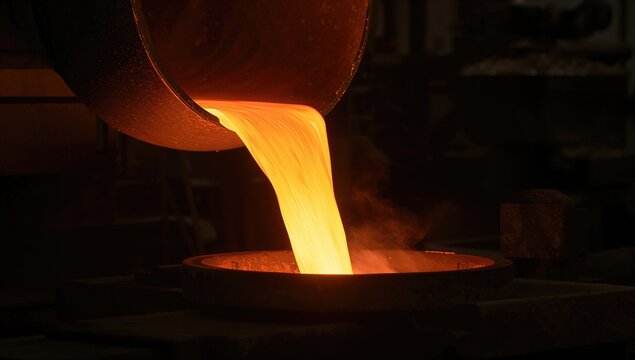 Molten metal flowing from a ladle into a cast, showcasing the precision of metalworking
