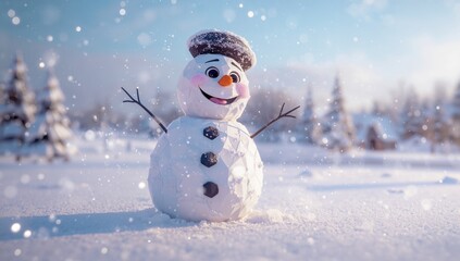 Obraz premium Low polygon cartoon snowman amidst falling snow, winter scene, seasonal change