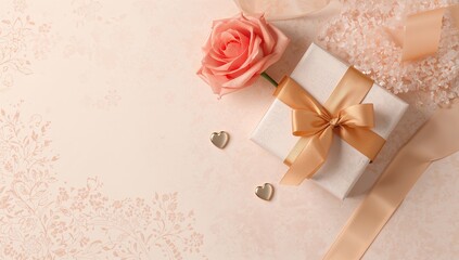 Postcard featuring a rose, gift box, heart, and ribbon, a thoughtful gesture for special occasions