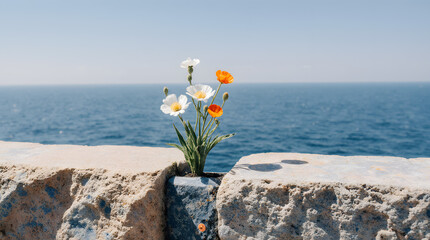 Wildflowers bloom between rocks with the ocean shimmering in the background