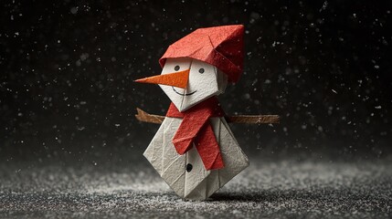 An origami snowman crafted with vibrant colors, set against a snowy backdrop. Its geometric shapes and minimalistic design evoke a sense of winter whimsy and holiday cheer.