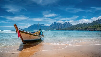 Fisherman's boat resting on the shore with mountains in the background, showcasing the harmony of nature and fishing livelihood