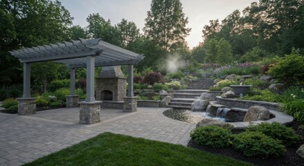 Fototapeta premium Serene outdoor living space with fireplace, water feature, and lush landscaping