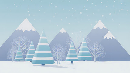 Stylized winter landscape with snow-capped mountains and fir trees