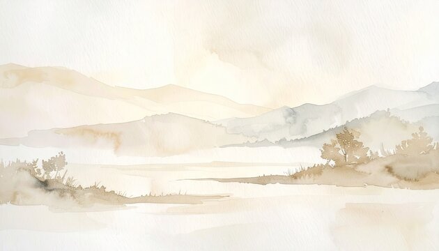 Soft watercolor landscape painting of misty mountains and tranquil water with gentle trees and diffused light creating a serene and calming atmosphere