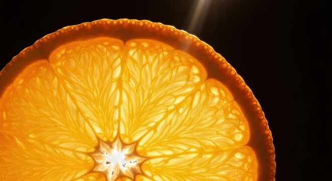 Slice of citrus fruit backlit, showing detail