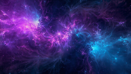 Abstract deep space background with glowing purple and blue nebula clouds, perfect for sci-fi, digital art, and cosmic design projects.