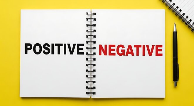 Positive negative words in notebook on yellow, choice, mind state