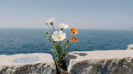 Wildflowers bloom between rocks with the ocean shimmering in the background