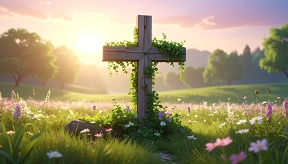 Rustic wooden cross adorned with green ivy stands tall in a sunlit meadow filled with colorful wildflowers during golden hour with trees in the background