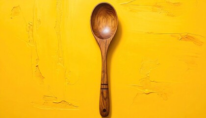 Rustic Wooden Spoon Centered on a Vibrant Yellow Textured Surface with Subtle Speckles and Natural Lighting