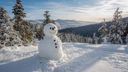 Fototapeta premium Snowman in a snowy forest, surrounded by trees and hills, winter recreation theme, New Year's celebration