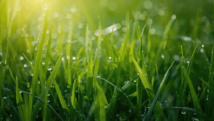 Lush green grass in a meadow with morning dew glistening in sunlight, representing freshness and purity of nature