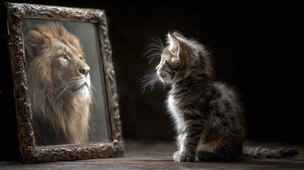A kitten gazes at its reflection in an ornate mirror, seeing not its small self but a majestic lion, embodying dreams, aspirations, and the powerful potential within.