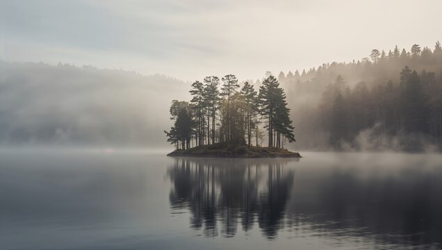 Misty, fog-laden lake surrounded by dense forest, seasonal change - Powered by Adobe