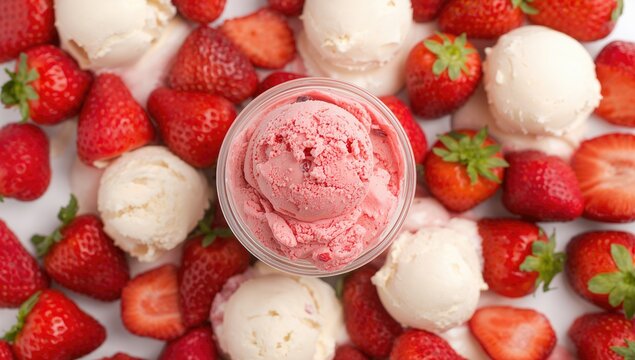Strawberry ice cream served in a plastic cup alongside scattered berries and vanilla scoops, dessert indulgence