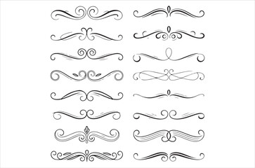 Collection of elegant black flourish designs and decorative swirls on white background