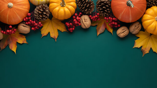 Autumn harvest border arrangement with pumpkins, leaves, berries