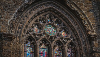 Obraz premium Detail of a historical church window with intricate designs, showcasing medieval craftsmanship, preservation