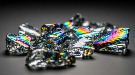 Spectacular close up of cracked glass shards displaying brilliant multicolored light diffraction against dark neutral gray background studio shot