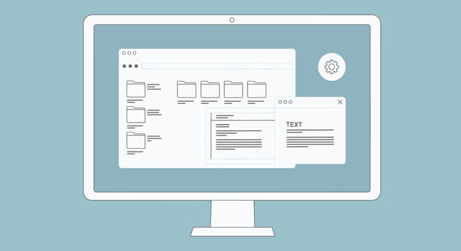 A clean, minimalist illustration of a computer monitor displaying a file explorer window with folders and documents.