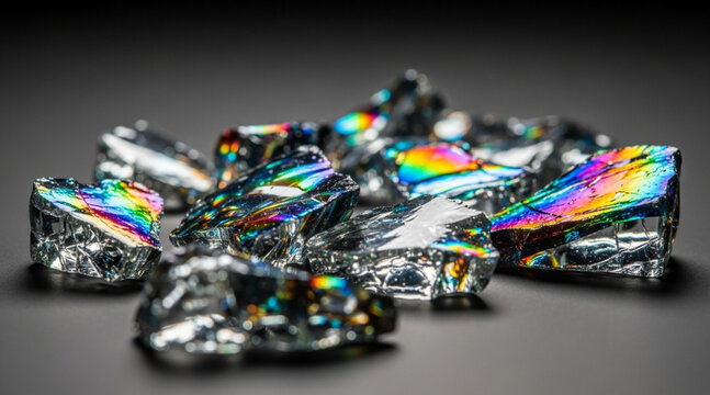 Spectacular close up of cracked glass shards displaying brilliant multicolored light diffraction against dark neutral gray background studio shot