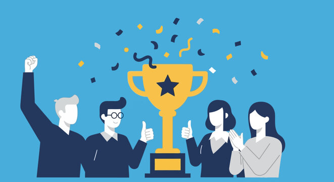 Vector illustration of a successful team celebrating a victory around a giant golden trophy with confetti.